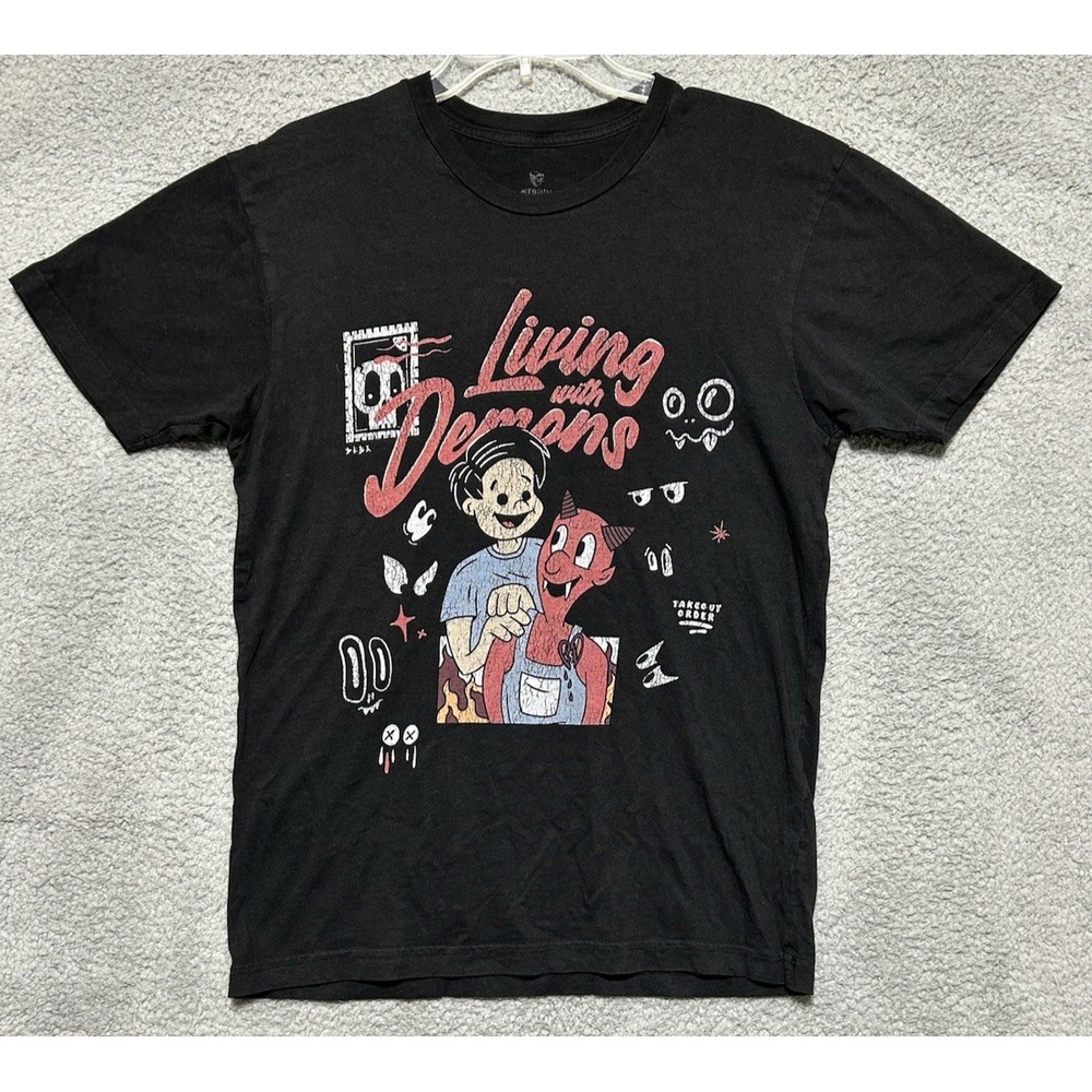 Steven Rhodes Living With Demons‎ Shirt Mens M Black Graphic Spencers Retro Tee